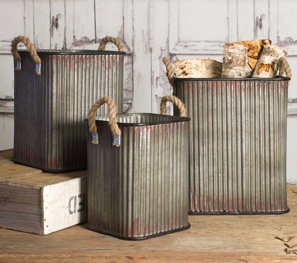 corrugated metal bins with rope handles