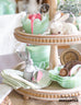 three tier wood tray with vintage jadeite and bunnies for spring