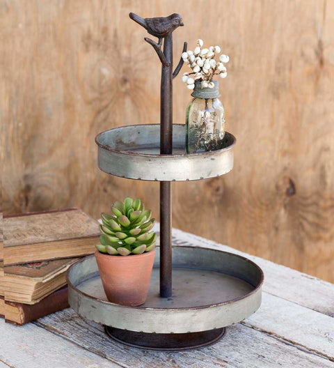 two tier metal tray with bird finial