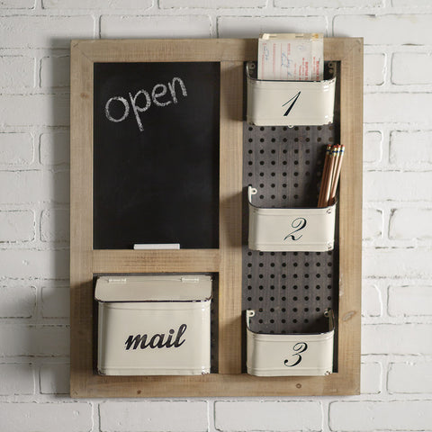 vintage style wall organizer with enamel pockets and chalkboard