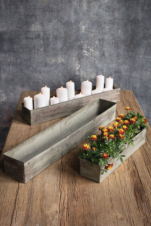 antiqued metal box planters