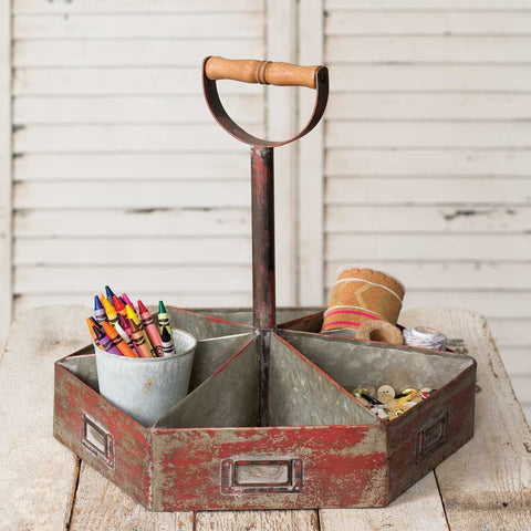 vintage style red distressed metal caddy with wood handle
