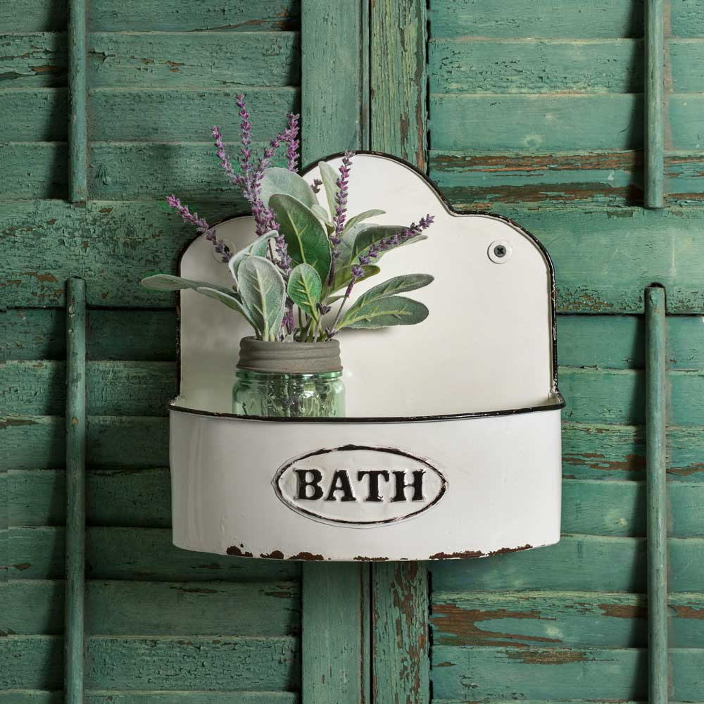 white enamel vintage farmhouse style bath wall caddy