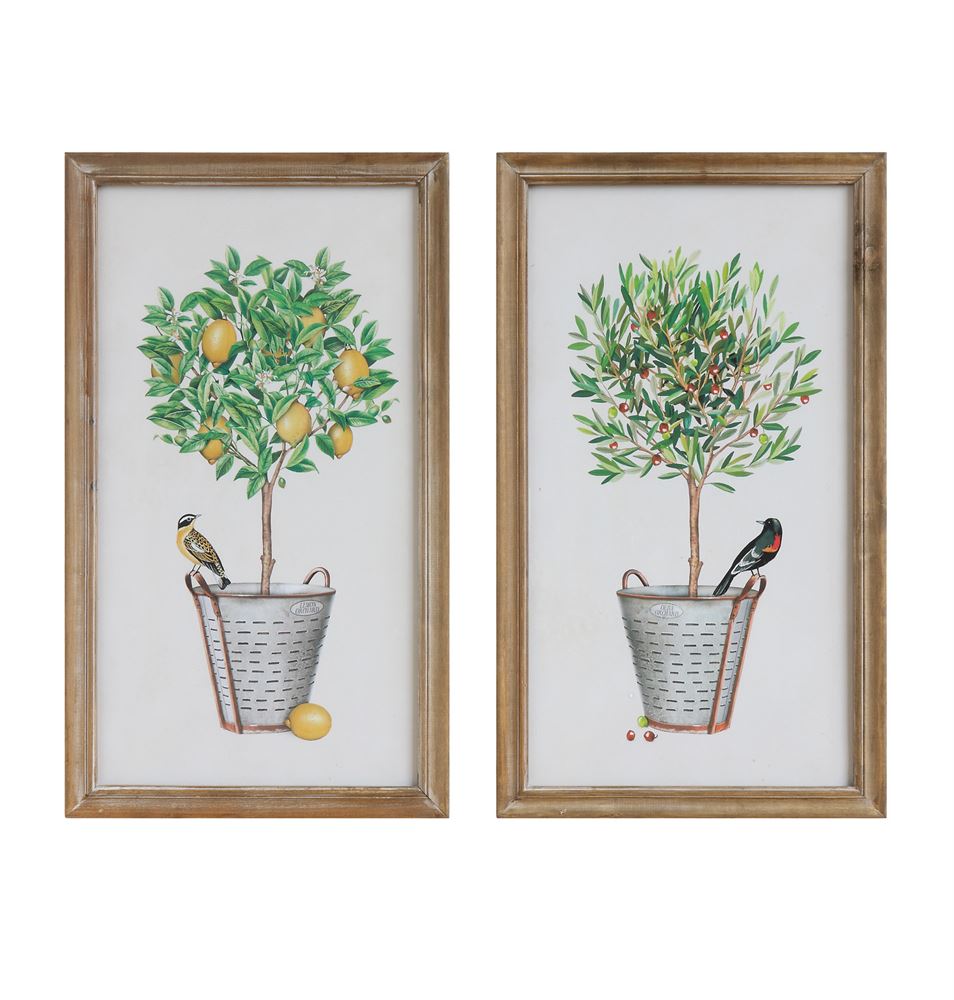 Topiary Trees in Olive Bucket with Bird Framed Wall Art