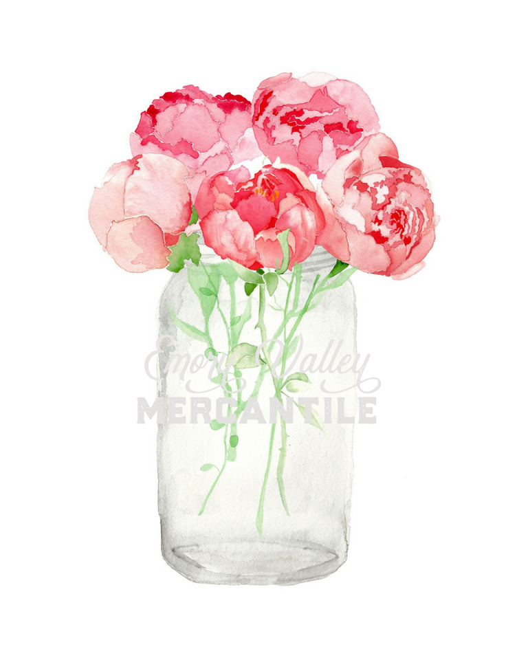 watercolor pink peonies in mason jar