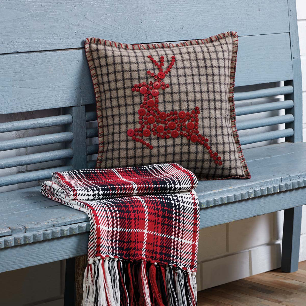 Farmhouse style plaid Christmas reindeer button pillow