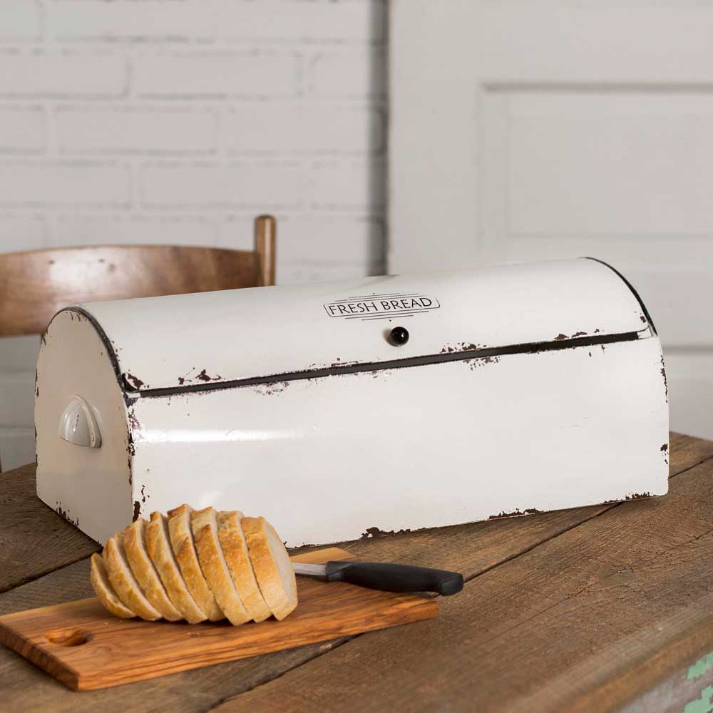 vintage farmhouse style white enamel bread box