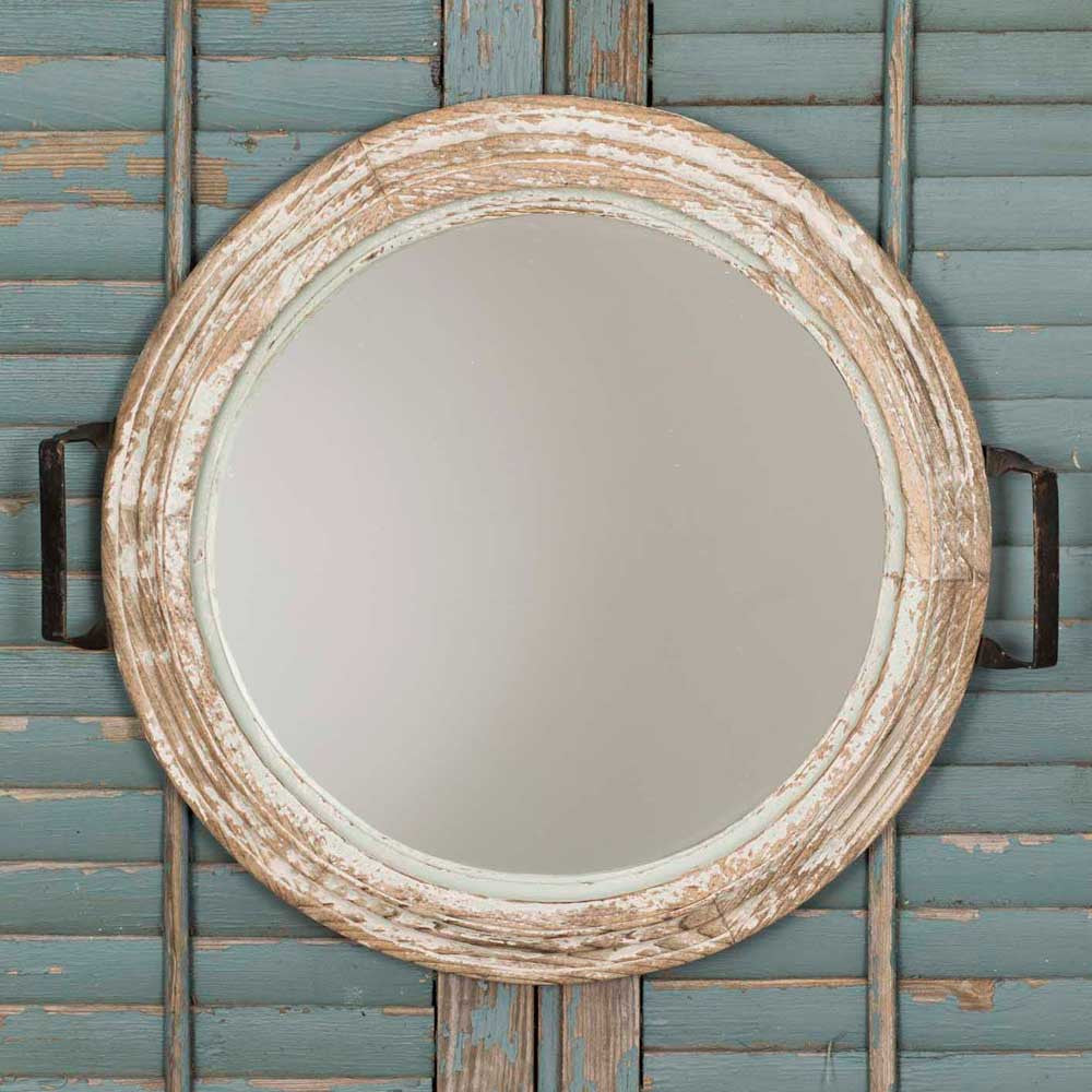 french country cottage style round whitewashed tray mirror