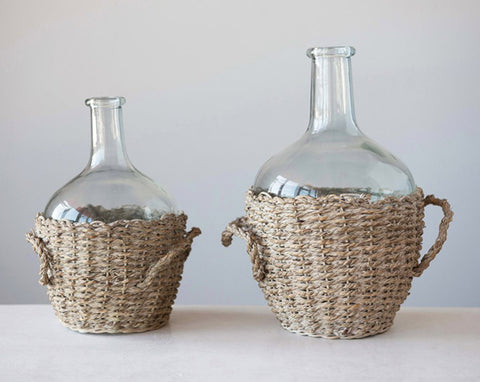 glass jug bottles with woven seagrass cover and handles