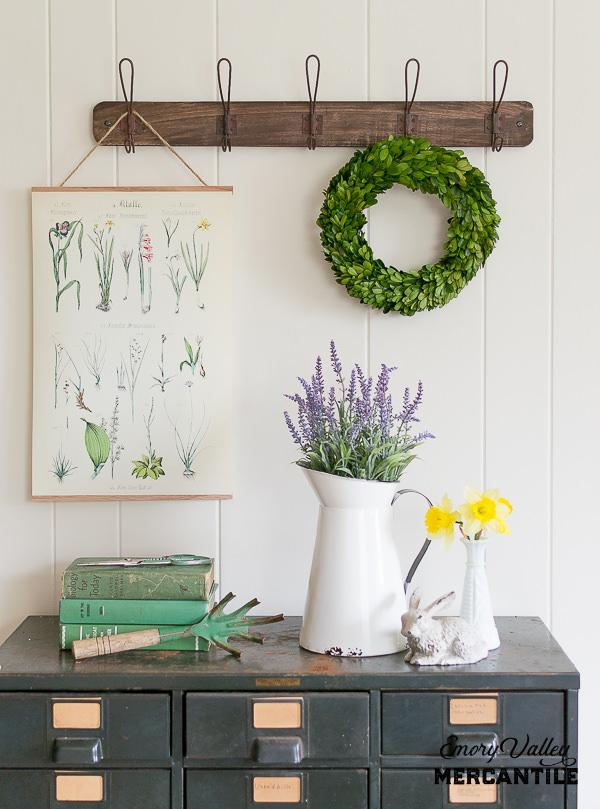 farmhouse wood wall rack with wire hooks