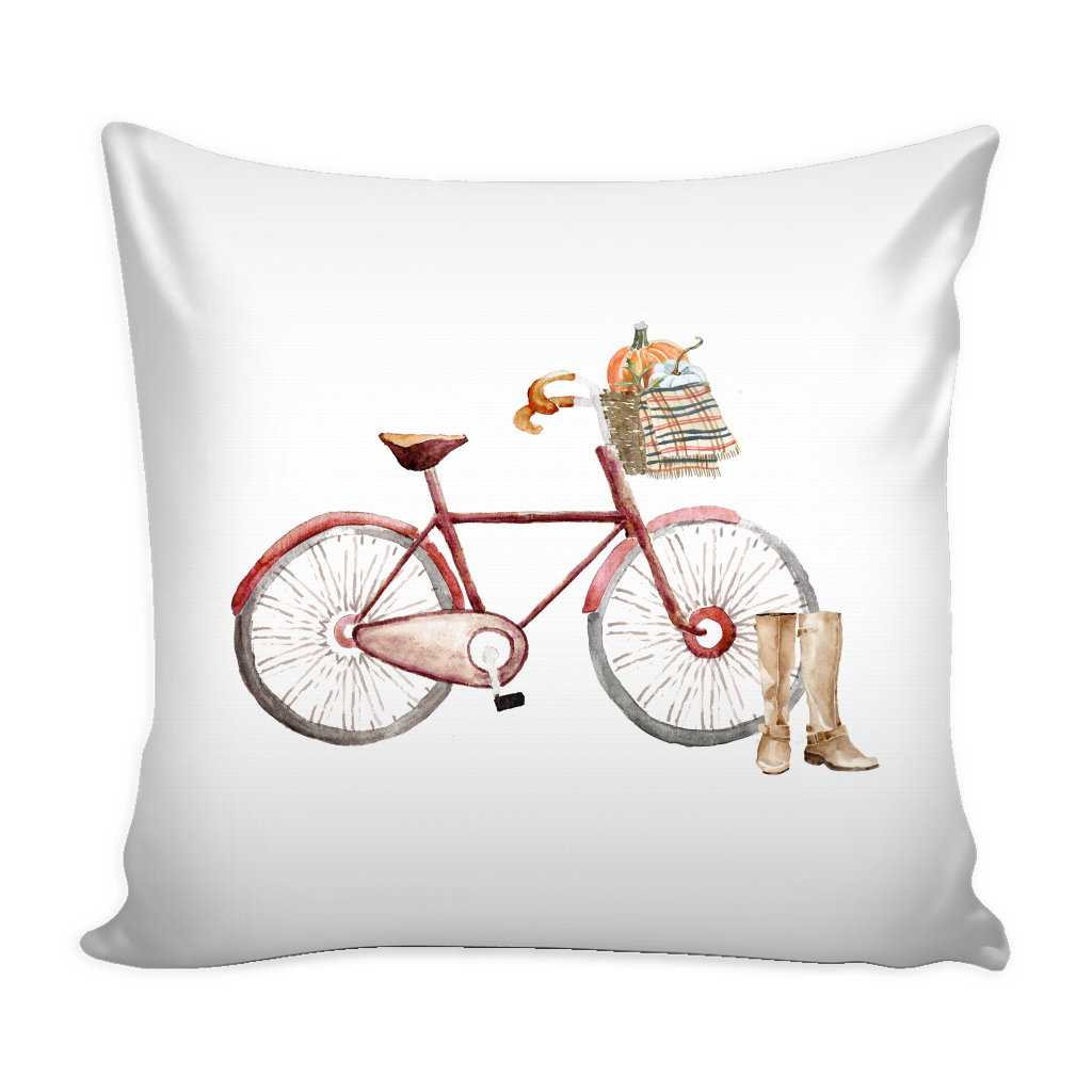 red watercolor fall bicycle with pumpkins and throw blanket pillow cover